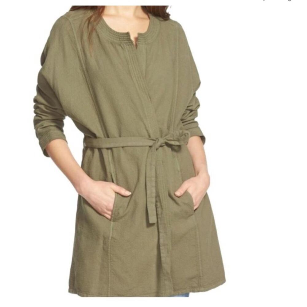 Madewell army green stitched open front belted lightweight jacket size Small